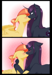 Size: 4800x6833 | Tagged: safe, artist:lavasokawaii, oc, oc only, oc:amateur play, oc:heartfelt, pegasus, pony, unicorn, absurd resolution, blushing, eyes closed, femboy, floppy ears, gay, kissing, male, shipping, simple background, spread wings, story in the source, unshorn fetlocks