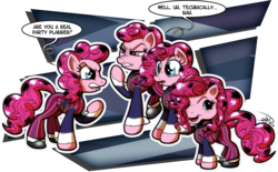 Size: 3602x2232 | Tagged: safe, artist:gray--day, pinkie pie, pinkie pie (g3), g3, g3.5, g4, alternate hairstyle, clone, clothes, crossover, dialogue, group, high res, lazytown, open mouth, pinkie clone, pinkie's silly face, raised hoof, robbie rotten, self ponidox, signature, we are number one
