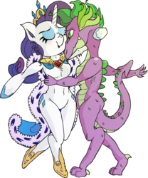 Size: 2407x2890 | Tagged: safe, artist:zkvvtz, rarity, spike, anthro, g4, adult spike, arm hooves, barbie doll anatomy, belly button, blushing, breasts, crown, dancing, dimple, featureless breasts, fire ruby, high res, jewelry, male, older, princess rarity, regalia, robes, romance, ship:sparity, shipping, straight, thigh gap, wide hips