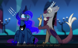 Size: 1780x1112 | Tagged: safe, artist:elementalokami, discord, princess luna, g4, castle, crown, dialogue, exclamation point, happy, implied magical straight spawn, jewelry, male, male pregnancy, pregcord, pregnancy test, pregnant, regalia, ship:lunacord, shipping, sitting, smiling, straight, surprised, unexpected, wavy mouth