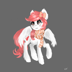 Size: 780x780 | Tagged: safe, artist:cerebralvapor, oc, oc only, pony, blushing, bow, cheek fluff, clothes, ear fluff, fluffy, gray background, hair bow, raised hoof, scarf, simple background, solo, spread wings