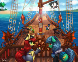 Size: 1500x1200 | Tagged: safe, artist:confetticakez, oc, oc only, oc:starry night, oc:sunny day, dragon, earth pony, pegasus, pony, unicorn, cannon, cannonball, female, male, mare, ocean, pirate, pirate ship, stallion