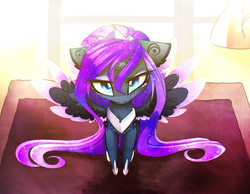 Size: 2480x1928 | Tagged: safe, artist:magnaluna, princess luna, pony, g4, alternate hairstyle, chest fluff, chibi, colored wings, colored wingtips, cute, female, floppy ears, galaxy mane, grumpy, looking at you, looking up, looking up at you, lunabetes, mare, not nyx, solo, spread wings