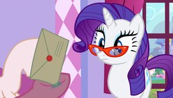 Size: 1920x1080 | Tagged: safe, screencap, pinkie pie, rarity, earth pony, pony, unicorn, canterlot boutique, g4, frown, glasses, hooves, letter, looking at something, solo focus, tape, wide eyes
