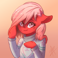 Size: 1000x1000 | Tagged: safe, artist:myralilth, oc, oc only, oc:downvote, earth pony, pony, semi-anthro, derpibooru, clothes, derpibooru ponified, female, mare, meta, ponified, solo, sweater