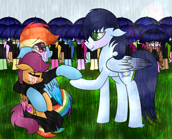 Size: 1024x829 | Tagged: dead source, safe, artist:northlights8, rainbow dash, scootaloo, soarin', pony, g4, colored wings, crying, fanfic, fanfic art, funeral, male, marriage proposal, rain, scootalove, ship:soarindash, shipping, straight, wet mane