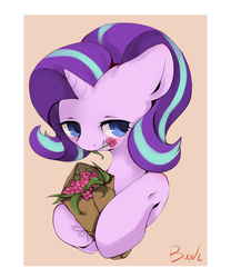 Size: 1299x1559 | Tagged: safe, artist:crazy bush, starlight glimmer, pony, g4, blushing, bouquet, female, floppy ears, flower, flower in mouth, lidded eyes, mouth hold, pixiv, smiling, solo