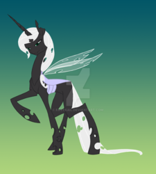 Size: 1024x1138 | Tagged: safe, artist:basykail, oc, oc only, changeling, concave belly, female, gradient background, lanky, mare, raised hoof, skinny, solo, thin, watermark, white changeling