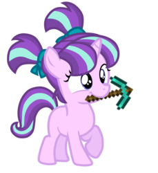 Size: 1037x1134 | Tagged: safe, artist:monstie64, starlight glimmer, pony, unicorn, g4, the cutie re-mark, cute, diamond pickaxe, female, filly, filly starlight glimmer, gimp, glimmerbetes, minecraft, mouth hold, photoshop, pickaxe, pigtails, raised hoof, simple background, smiling, solo, transparent background, younger