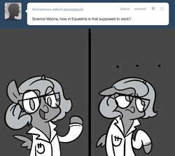 Size: 666x594 | Tagged: safe, artist:egophiliac, princess luna, pony, moonstuck, g4, ..., ask, clothes, female, filly, glasses, grayscale, lab coat, monochrome, science woona, solo, tumblr, woona, younger