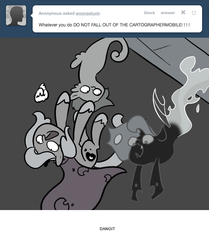 Size: 666x795 | Tagged: safe, artist:egophiliac, princess luna, oc, oc:danger mcsteele, oc:imogen, oc:pebbl, changeling, changeling queen, sea pony, moonstuck, g4, cartographermobile, changeling oc, changeling queen oc, falling, female, filly, marauder's mantle, monochrome, moon roc, partial color, scared, woona, woonoggles, younger
