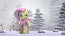 Size: 1920x1080 | Tagged: safe, artist:neondion60, fluttershy, pony, g4, 3d, clothes, cold, female, gritted teeth, scarf, snow, solo, winter