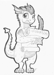 Size: 2350x3290 | Tagged: safe, artist:lupiarts, spike, dragon, g4, black and white, cute, feather, grayscale, high res, looking at you, male, monochrome, quill, smiling, solo, spike day, traditional art