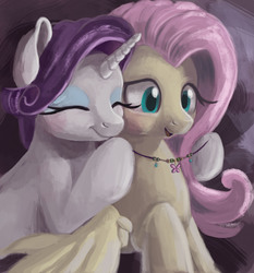 Size: 2687x2883 | Tagged: safe, artist:viv-chibi-love, fluttershy, rarity, g4, female, gift giving, high res, jewelry, lesbian, necklace, present, raised hoof, ship:flarity, shipping, smiling