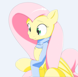 Size: 2391x2380 | Tagged: safe, artist:ando, fluttershy, pony, g4, clothes, female, high res, looking at something, looking down, raised hoof, scarf, simple background, sitting, solo, white background