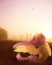 Size: 1728x2160 | Tagged: safe, artist:vincher, fluttershy, rainbow dash, pegasus, pony, g4, duo, female, grass field, looking away, one wing out, rear view, scenery, sitting, solo focus, spread wings, windswept mane