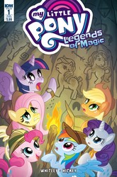 Size: 630x956 | Tagged: safe, artist:zachary sterling, idw, applejack, fluttershy, pinkie pie, rainbow dash, rarity, twilight sparkle, alicorn, earth pony, pegasus, pony, unicorn, g1, g4, legends of magic, season 7, spoiler:comic, spoiler:comiclom1, bipedal, cave painting, cover, faic, female, flying, frown, g1 to g4, generation leap, gritted teeth, hoof hold, looking up, mane six, mare, open mouth, pointing, raised eyebrow, scared, shocked, smiling, spread wings, twilight sparkle (alicorn), watch