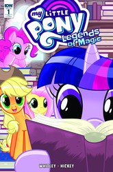 Size: 630x956 | Tagged: safe, artist:brenda hickey, idw, applejack, fluttershy, pinkie pie, twilight sparkle, alicorn, pony, g4, legends of magic #1, my little pony: legends of magic, spoiler:comic, :t, book, cover, cute, hoof hold, leaning, open mouth, reading, smiling, twilight sparkle (alicorn)