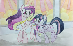 Size: 998x635 | Tagged: safe, artist:grokostimpy, princess cadance, twilight sparkle, alicorn, pony, g4, cropped, duo, folded wings, looking at each other, sisters-in-law, talking, throne room, traditional art, twilight sparkle (alicorn), walking, watercolor painting