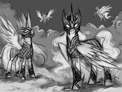 Size: 2000x1500 | Tagged: safe, artist:valkyrie-girl, oc, oc only, pegasus, pony, armor, cloud, grayscale, monochrome, valkyria, valkyrie