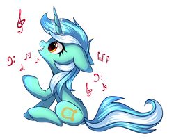 Size: 2500x2000 | Tagged: safe, artist:mirtash, lyra heartstrings, pony, unicorn, rcf community, g4, collaboration, cute, female, floppy ears, happy, high res, looking up, lyrabetes, mare, music notes, raised hoof, simple background, singing, sitting, smiling, solo, white background