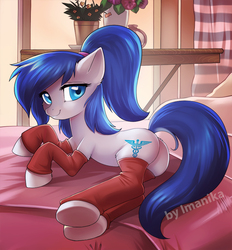 Size: 761x819 | Tagged: safe, artist:imanika, oc, oc only, oc:rescue pony, earth pony, pony, bed, blue hair, butt, caduceus, female, leg warmers, looking at you, lying down, mare, plot, smiling, solo, underhoof