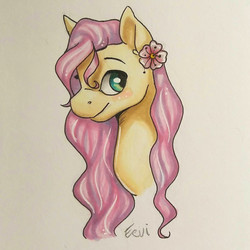 Size: 1409x1409 | Tagged: safe, artist:eeviart, fluttershy, pony, g4, bust, female, flower, flower in hair, looking away, looking sideways, portrait, solo, stray strand, traditional art