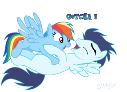 Size: 1492x1084 | Tagged: safe, artist:simbyfim, rainbow dash, soarin', pegasus, pony, g4, duo, eyes closed, female, glomp, laughing, male, mare, missing cutie mark, open mouth, open smile, ship:soarindash, shipping, simple background, smiling, spread wings, stallion, straight, tackle, tail, transparent background, wings