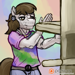 Size: 1500x1500 | Tagged: safe, artist:smudge proof, oc, oc only, oc:wayward pony, anthro, clothes, male, mook jong, patreon, patreon logo, peace symbol, sketch, solo, stallion, tie dye, wing chun