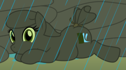 Size: 2293x1279 | Tagged: oc name needed, safe, artist:badumsquish, derpibooru exclusive, oc, oc only, object pony, original species, sandbag pony, badumsquish strikes again, chubby, cute, female, ground, looking at you, ponified, prone, puddle, rain, sandbag, smiling, solo, tail wrap, water