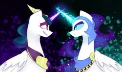 Size: 2113x1243 | Tagged: safe, artist:dragonpilyale, idw, nightmare moon, princess celestia, alicorn, pony, g4, reflections, spoiler:comic, abstract background, alicorn magic, crossed horns, dark mirror universe, evil celestia, evil counterpart, female, horn, horns are touching, looking at each other, magic, magic aura, mare, mirror universe, nicemare moon