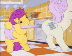 Size: 704x544 | Tagged: safe, screencap, bon bon (g1), misty (g1), earth pony, pony, g1, my little pony tales, too sick to notice, animated, bag, big sister, bipedal, butt, child, context is for the weak, female, gif, kitchen, little sister, looped, mare, out of context, phone, pink hair, plot, ponytail, pulling, purple hair, satchel, scrunchie, siblings, sisters, standing, tail, tail pull, yellow pony