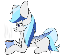 Size: 853x769 | Tagged: safe, artist:fizzy2014, oc, oc only, oc:silver skies, pegasus, pony, coffee, commission, female, food, mare, marshmallow, prone, simple background, solo, transparent background, ych result