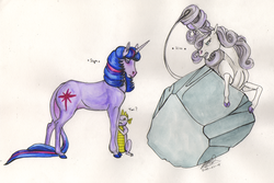 Size: 1024x686 | Tagged: safe, artist:sagastuff94, rarity, spike, tom, twilight sparkle, classical unicorn, g4, cloven hooves, discorded, hoers, horn, leonine tail, traditional art, unshorn fetlocks, watercolor painting
