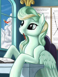 Size: 2262x3010 | Tagged: safe, artist:lightly-san, vapor trail, pegasus, pony, g4, top bolt, cloud, desk, female, high res, implied rainbow dash, mare, mouth hold, pencil, solo, window