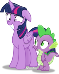 Size: 3045x3793 | Tagged: safe, artist:vector-brony, spike, twilight sparkle, alicorn, pony, g4, to where and back again, duo, grin, gritted teeth, high res, nervous, nervous smile, simple background, smiling, transparent background, twilight sparkle (alicorn), vector