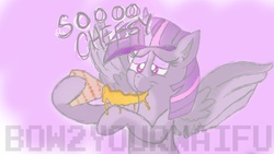 Size: 1024x576 | Tagged: safe, artist:bow2yourwaifu, twilight sparkle, alicorn, pony, g4, abstract background, eating, female, food, obtrusive watermark, out of character, quesadilla, solo, they're just so cheesy, twilight sparkle (alicorn), watermark