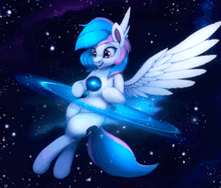 Size: 670x570 | Tagged: safe, artist:rodrigues404, oc, oc only, oc:starburn, pegasus, pony, animated, belly, cinemagraph, commission, crossed legs, female, galaxy, gif, mare, multicolored hair, open mouth, perfect loop, smiling, solo, space, spread wings, stars