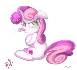 Size: 656x601 | Tagged: safe, artist:jowyb, sweetie belle, pony, unicorn, g4, butt, cutie mark, female, grumpy belle, looking back, plot, raspberry, simple background, solo, the cmc's cutie marks, tongue out, white background