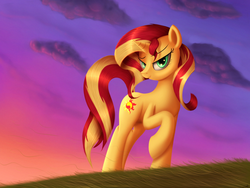 Size: 1500x1125 | Tagged: dead source, safe, artist:jeki, sunset shimmer, pony, unicorn, g4, bedroom eyes, cloud, female, lidded eyes, looking at you, raised hoof, romantic, seductive, seductive look, sexy, sky, smiling, solo, stupid sexy sunset shimmer, sunset, twilight (astronomy)