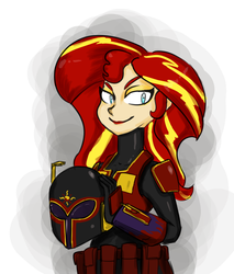 Size: 850x1000 | Tagged: safe, artist:helloiamyourfriend, sunset shimmer, human, g4, armor, crossover, female, helmet, humanized, lipstick, mandalorian, smiling, solo, star wars