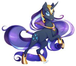 Size: 1187x1033 | Tagged: safe, artist:c-puff, nightmare rarity, pony, g4, commission, curved horn, eyeshadow, female, helmet, horn, looking at you, makeup, open mouth, raised hoof, rearing, simple background, slit pupils, smiling, solo, transparent background