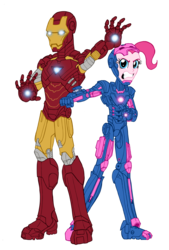 Size: 2798x4140 | Tagged: safe, artist:edcom02, artist:jmkplover, pinkie pie, human, equestria girls, g4, angry, armor, crossover, duo, faic, gritted teeth, high res, iron man, marvel, simple background, superhero, tony stark, transparent background