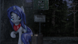 Size: 4000x2250 | Tagged: safe, artist:redaceofspades, rarity, pony, g4, 3d, clothes, female, handkerchief, night, poster, rain, raised hoof, road sign, sad, scarf, sign, solo, source filmmaker, suitcase, telephone pole, tree, wet, wet mane, wet mane rarity