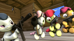 Size: 3840x2160 | Tagged: safe, artist:viranimation, apple bloom, rumble, scootaloo, sweetie belle, earth pony, pegasus, pony, unicorn, g4, 3d, baby face's blaster, cleaner's carbine, colt, cutie mark crusaders, diamondback, female, filly, foal, gun, handgun, high res, hoof hold, lever action, male, revolver, rocket launcher, source filmmaker, submachinegun, team fortress 2, weapon