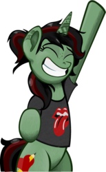 Size: 475x770 | Tagged: safe, artist:smokeymcdaniel, oc, oc only, pony, unicorn, clothes, grin, rolling stones, shirt, simple background, smiling, solo, t-shirt, transparent background