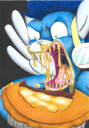 Size: 600x862 | Tagged: safe, artist:smokeymcdaniel, soarin', pony, g4, faic, food, male, messy eating, nightmare fuel, pie, sharp teeth, solo, teeth, that pony sure does love pies