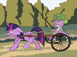 Size: 2000x1500 | Tagged: safe, artist:anontheanon, spike, twilight sparkle, alicorn, pony, g4, abuse, angry, bit, bridle, cap, floppy ears, frown, glare, grin, harness, hat, lidded eyes, lip bite, looking at you, pimp hat, pulling, raised hoof, raised leg, reins, rickshaw, riding crop, smiling, smirk, tack, twilight sparkle (alicorn), twilybuse, twisub, walking