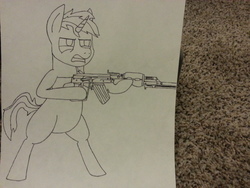 Size: 3264x2448 | Tagged: safe, artist:unreliable narrator, oc, oc only, pony, unicorn, bipedal, gun, high res, rpk, solo, traditional art, weapon