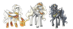 Size: 2484x996 | Tagged: safe, artist:valkyrie-girl, oc, oc only, oc:brynie, oc:princess raven, oc:queen freya greyfeather, pegasus, pony, armor, ear piercing, earring, jewelry, piercing, simple background, traditional art, valkyria, white background